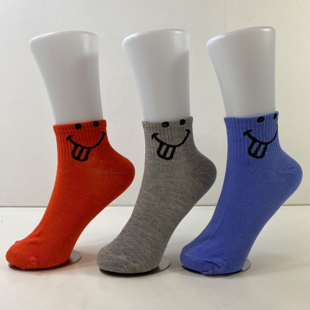 Womens Crew Socks Set 3 Smiley Face Print Solid Orange Gray Blue